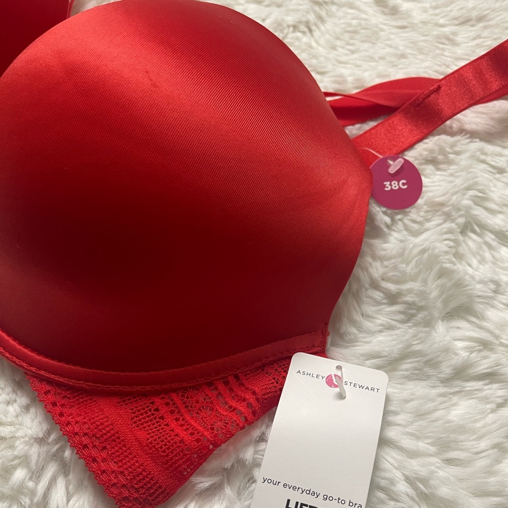 NWT Ashley Stewart Red Strappy Cage Plunge Underwire Lace Bra 38C - Picture 10 of 15
